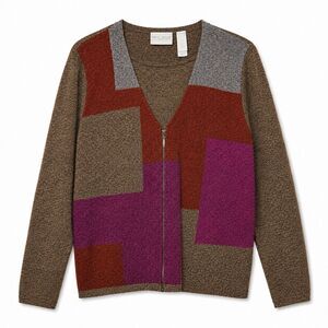 First Issue Cardigan Sweater Women's Large Multicolor Geometric Zip Front Knit